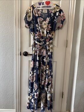 Navy Floral High-Low Wrap Dress with Tie Waist